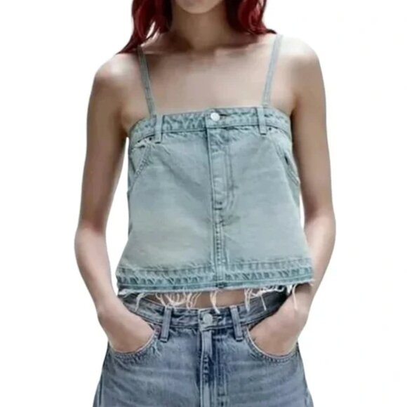 New ZARA Denim Jean Cropped Pants Top Spaghetti Strap Blue Wash Bloggers Fave - Picture 3 of 8